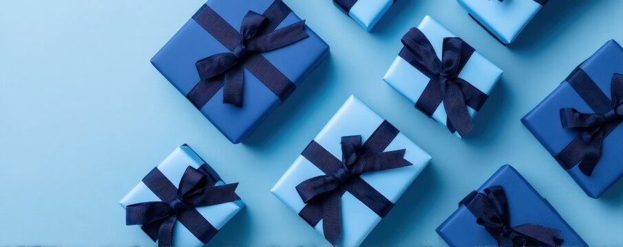 Many blue wrapped gift boxes with dark ribbons creating a pattern on a light blue background. Copy space available