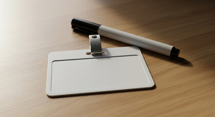 Top‑down of blank name tag with plain pen before writing