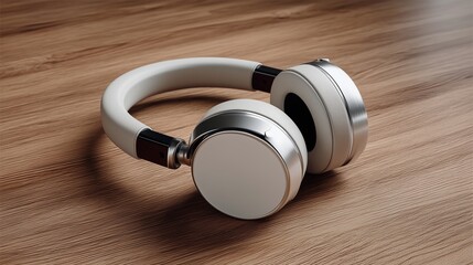 Wireless white headphone on wooden surface: The image presents a pair of white wireless headphones with a sleek design resting gracefully on a textured wooden surface.