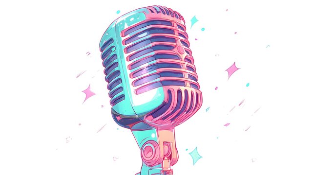 Retro style microphone illustration features vibrant neon pastel colors against a white background