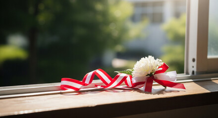 Still life of plain corsage and red‑white ribbon by classroom window