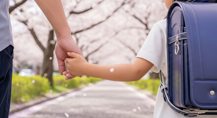Hands of parent and child holding under cherry trees, plain randoseru