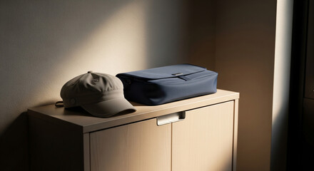 Plain school hat and communication bag on an entrance shoe cabinet