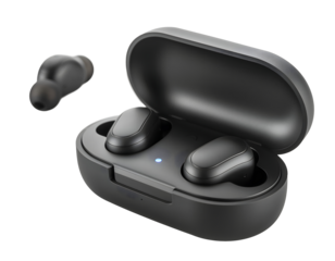 Modern Wireless Earbuds in Open Charging Case, Isolated