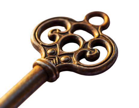 Old Rusty Key with Intricate Ornate Design, Isolated