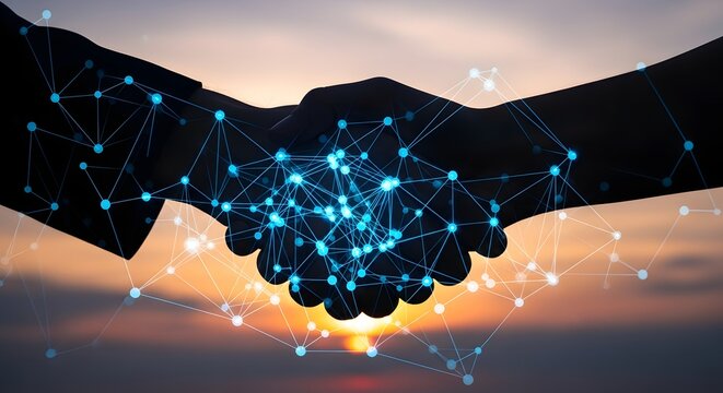 Digital Network Handshake Symbolizing Global Business Partnership and Technology Integration.