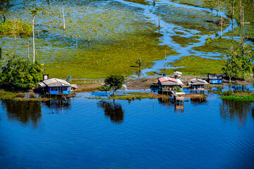 Casas de ribeirinhos e &aacute;rea alagada  no rio Jari na Amaz&ocirc;nia