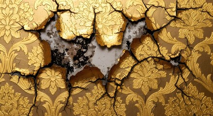 Close-up of a damaged ornate gold and black wallpaper with intricate floral patterns and peeling sections revealing underlying surface