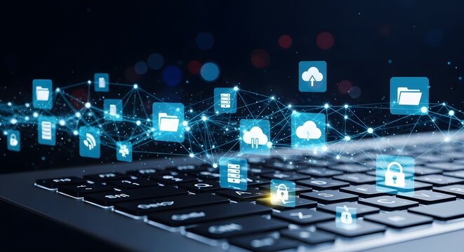 Digital Network of Cloud Services and Data Flow Over Laptop Keyboard.