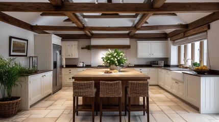 Kitchen Interior with Exposed Beams: A beautifully designed kitchen features a rustic wooden island, exposed beams, and modern appliances, creating a warm and inviting space for culinary endeavors. 