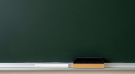 Minimal still life of blank blackboard with new chalk and eraser