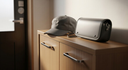 Plain school hat and communication bag on an entrance shoe cabinet