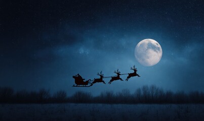 Santa Claus and his reindeer team silhouetted, flying past a bright full moon under a star filled Christmas night sky providing copy space