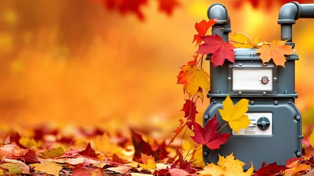 Gas meter covered in autumn leaves, concept of seasonal energy consumption and gasification infrastructure in fall, video