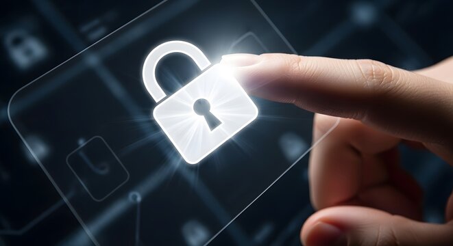 Digital Security Lock Icon Being Touched by a Finger on a Futuristic Interface.