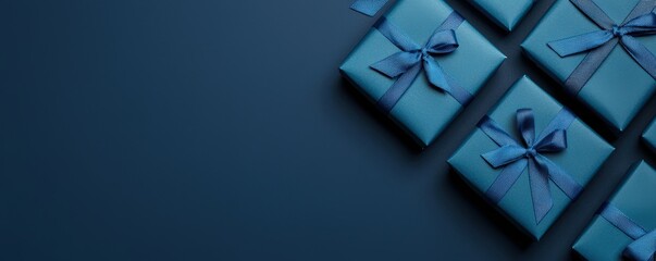 Blue gift boxes with satin ribbons arranged diagonally on a dark background, creating a festive composition with empty space