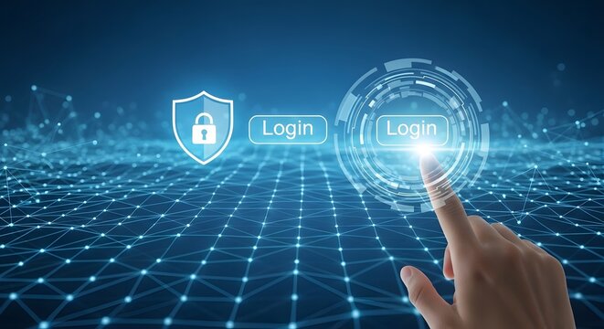 Digital Security Login Interface with Fingerprint Authentication and Shield Icon.