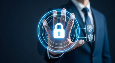 Man in suit activates digital security lock with fingerprint scan showcasing cybersecurity and biometric authentication for data protection and access control in a modern technology setting