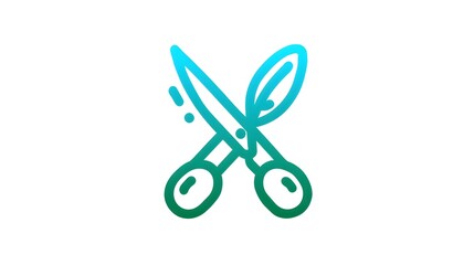 Stylized icon depicting a pair of open shears with a teal and blue gradient outline