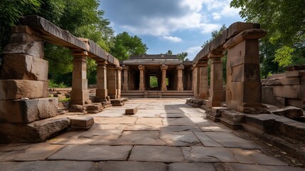 Fototapeta premium Ancient Stone Structure: A symmetrical ancient stone structure, showcasing classical architecture with sturdy pillars, stands under a partly cloudy sky, evoking a sense of history and permanence.