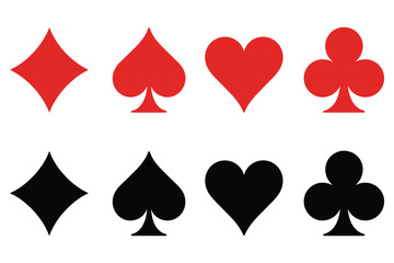 playing card suits including hearts, clubs, spades, and diamonds. Perfect for casino graphics, game design, cards, apps, and flat icon sets