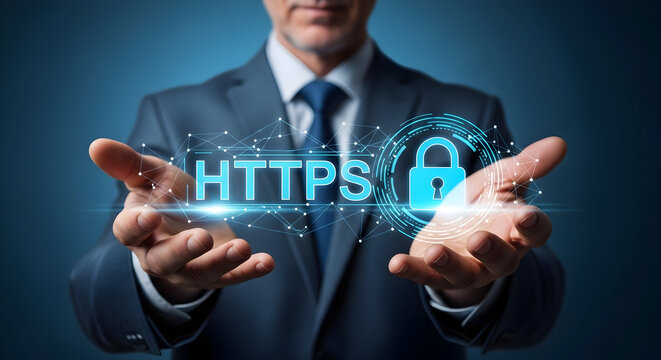 Businessman presents https security protocol with a digital padlock in his hands showcasing secure connection encryption and data protection for online safety and trust in technology