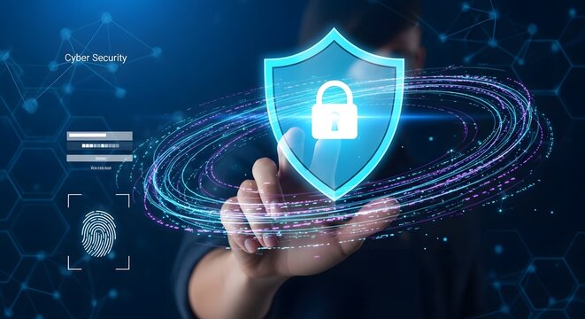 Digital Security Shield with Fingerprint and Network Connections.