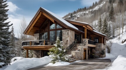 Mountain Lodge Retreat: Captivating the essence of rustic elegance, this grand lodge sits nestled within a snowy mountain scape, where it blends harmoniously with its environment.