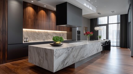 Elegant Kitchen Design: Modern kitchen space with sleek countertops, minimalist design, and an open layout creates a sense of sophistication and refined taste.