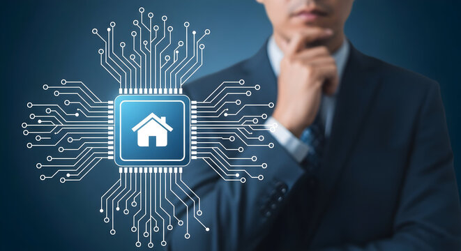 Smart home technology concept with a businessman in a suit contemplating the future of automated living and iot solutions for modern residences and connected devices in real estate