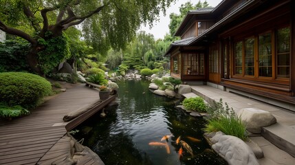 Tranquil Garden Oasis: A harmonious blend of nature and architecture, featuring a serene pond with koi carp and a beautifully crafted wooden structure.