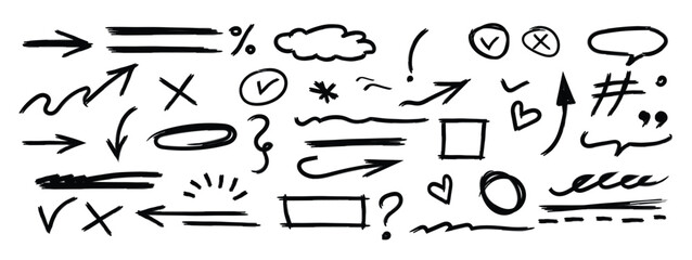 Hand-drawn Whiteboard Marker Doodle Set. A vector collection of grunge brush stroke elements, including arrows, underlines, and check marks for presentations and brainstorming. Vector illustration.