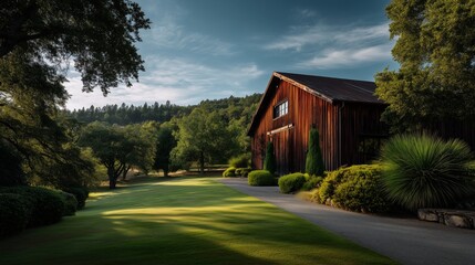 Rustic Barn Amidst the Lush Landscape: This image portrays a serene scene featuring a rustic wooden barn nestled amidst a lush, vibrant landscape under a bright sky.
