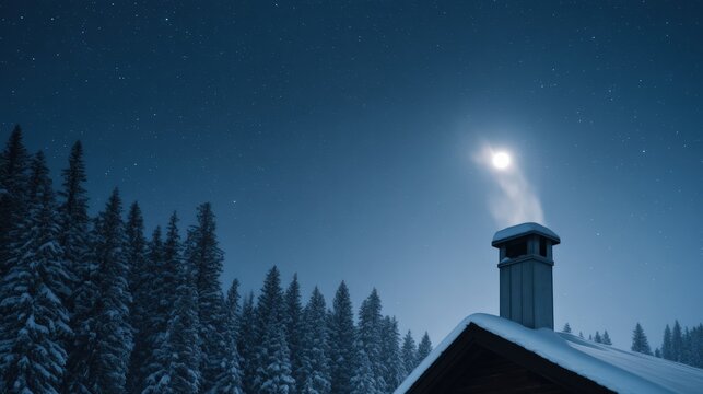 Cozy cabin chimney emitting smoke into the clear winter night sky, featuring a bright moon and twinkling stars