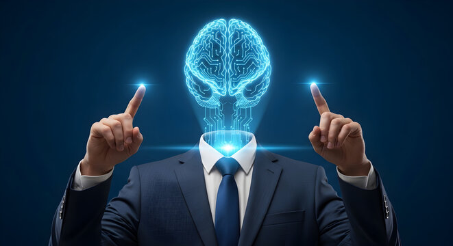 Ai businessman with glowing brain and circuit connections points upwards showcasing artificial intelligence and future technology in a modern corporate setting on a dark blue background