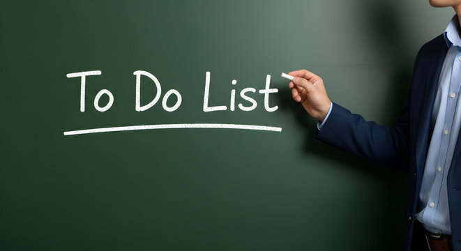 Man writes "to do list" on a green chalkboard with white chalk emphasizing organization and planning for productivity in business education or personal task management and scheduling effectively