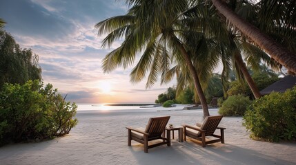 Paradise Escape: Two chairs invite relaxation on a pristine beach embraced by swaying palm trees and the soft embrace of the setting sun, offering a moment of pure bliss.