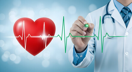 Doctor drawing a green heart rate line next to a red heart illustrating healthcare cardiology and medical concepts on a light blue background for health awareness and education