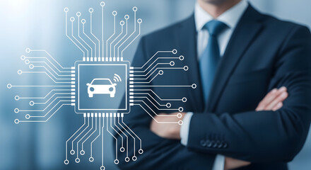 Businessman in suit with arms crossed presents autonomous car technology with chip and circuit board design showcasing innovation and future of automotive industry and transportation solutions