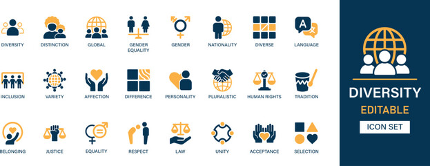 Diversity icon set collection. Variety, distinction, global, gender, nationality, language, inclusion, affection, personality and best solid icon set.