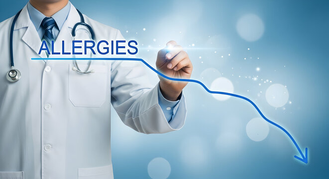 Doctor in a white coat illustrates a decreasing trend for allergies with a blue arrow on a digital screen symbolizing medical analysis and healthcare solutions for allergy management and treatment