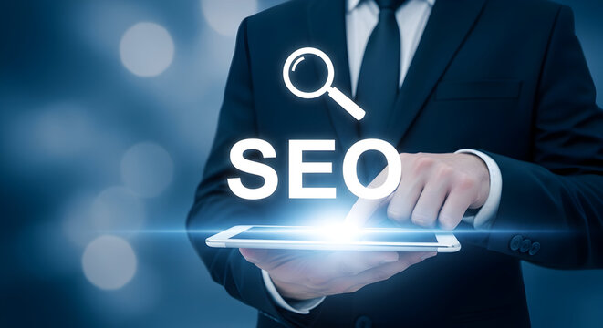 Businessman in a suit uses a tablet with SEO text and a magnifying glass icon overlay suggesting digital marketing search engine optimization and online business growth strategies for success