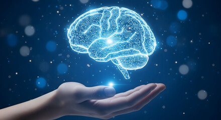 Obraz premium Digital brain illuminated above a hand symbolizing artificial intelligence neuroscience and cognitive function with glowing circuits and neural networks on a dark blue background with bokeh