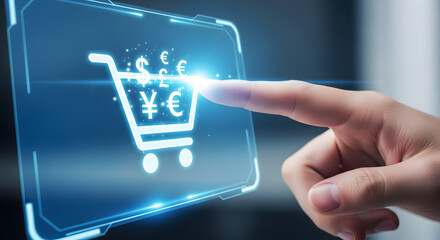 Digital Shopping Cart with Currency Symbols on Futuristic Screen.