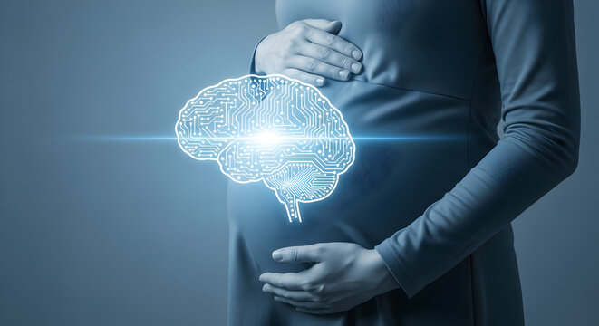 Pregnant woman cradling her belly with a digital brain overlay symbolizing intelligence and the connection between mother and child highlighting prenatal development and cognitive potential - Powered by Adobe