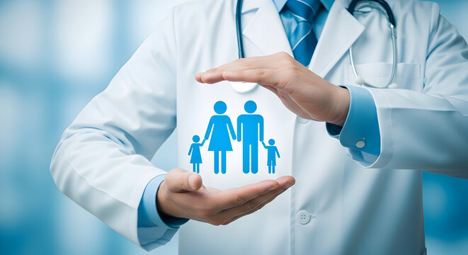 Doctor protects family with healthcare insurance providing medical coverage and assurance for children and parents symbolizing health wellness and financial security for the future
