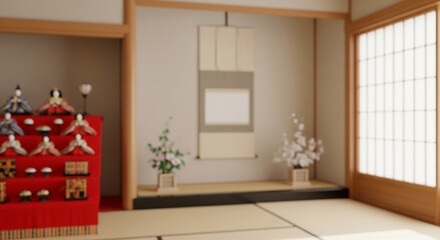 Tokonoma with plain panel and blurred part of hina display, natural light