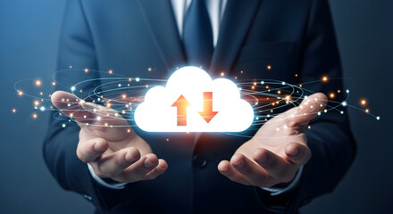 Businessman presents cloud computing technology with upload and download arrows showcasing data transfer and digital solutions in a modern professional setting for business innovation