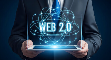 Businessman displays web 2.0 technology on a tablet showcasing digital networking and modern connectivity solutions for business innovation and global communication in the digital age