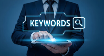 Businessman using a digital tablet with a search bar displaying the word keywords and a magnifying glass icon for seo optimization and online marketing strategies in a corporate setting